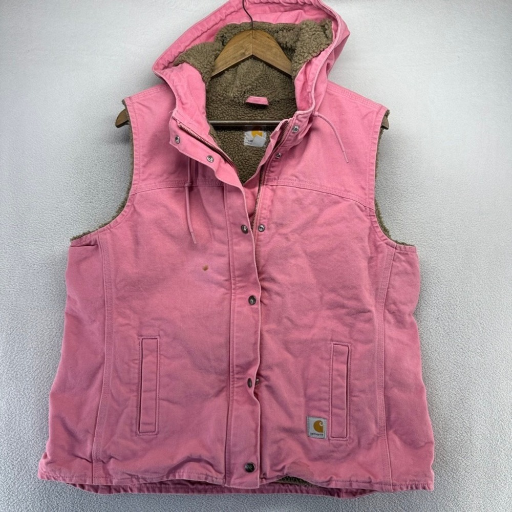 Carhartt Vest Girls XL 16/18 Pink Hooded Sherpa Lined Canvas Sandstone Cotton